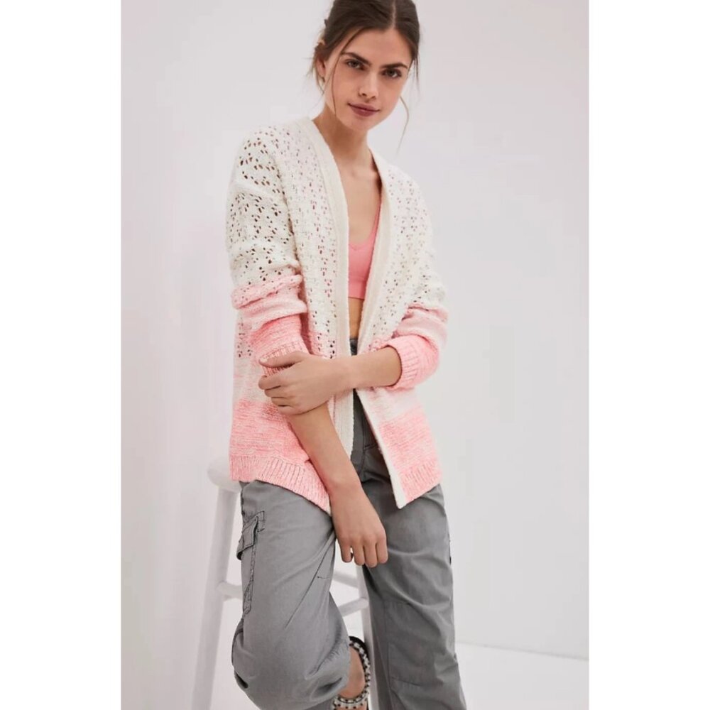 A by Anthropologie Faustia Dip Dyed Ombre Open Front Cardigan XL Pink White 90s